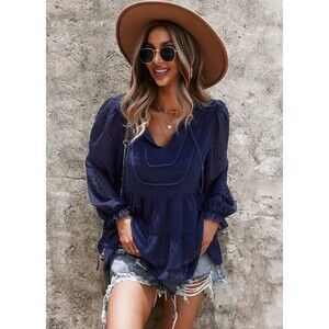 Women's Navy Blue Swiss Dot Tiered Ruffle Chiffon Blouse V-Neck Long Sleeve Top